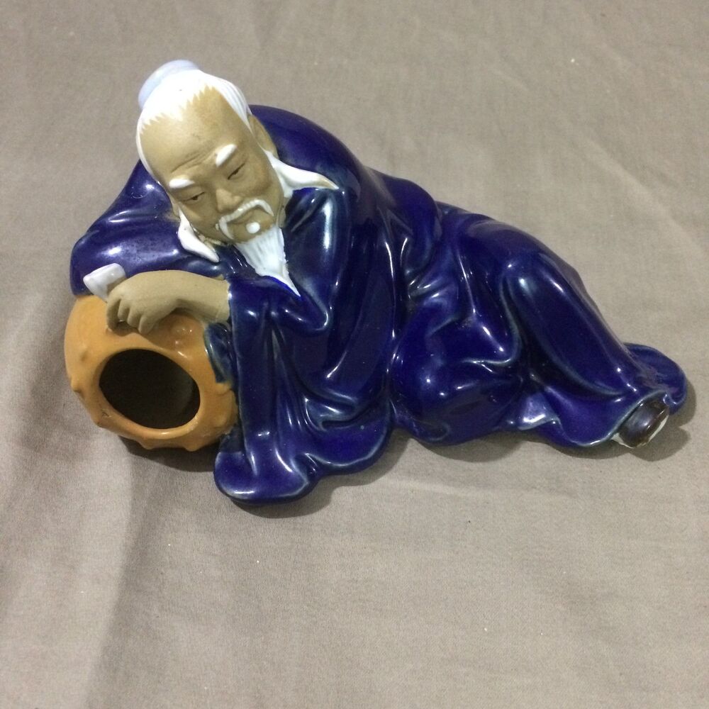 Vintage 60s Wanjiang China Mudman Reclining Scholar Wise Man Blue Glaze Figurine